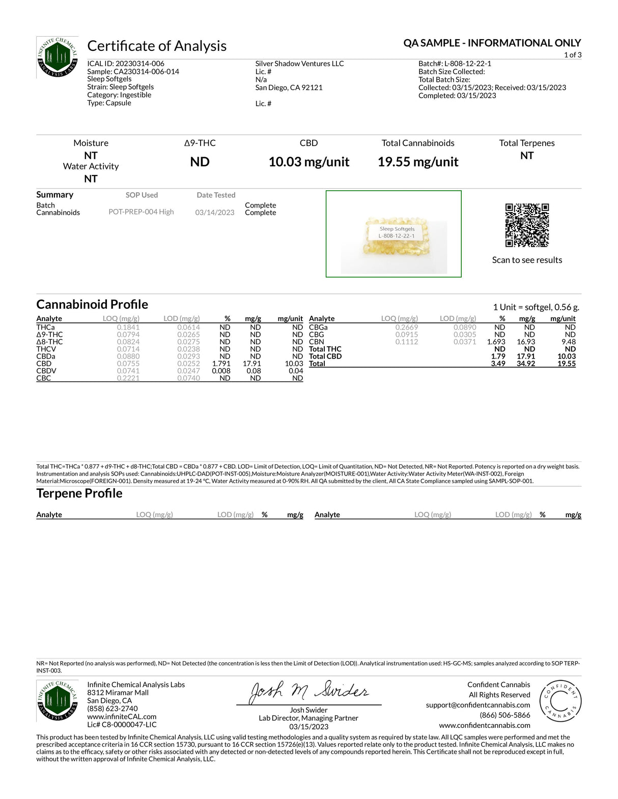 CBD Sleep Softgels Certificate of Analysis